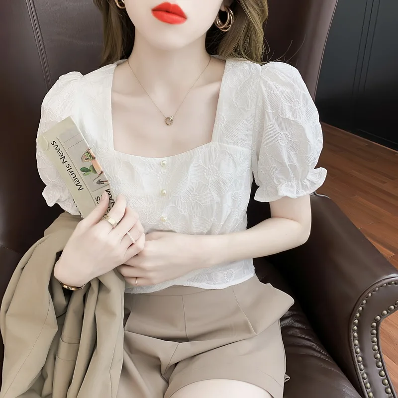 

Women's Blouses Fashion Tops Casual Shirts Printed Blouse Blended Square Collar Shirt Short Sleeve Top Korean New Summer