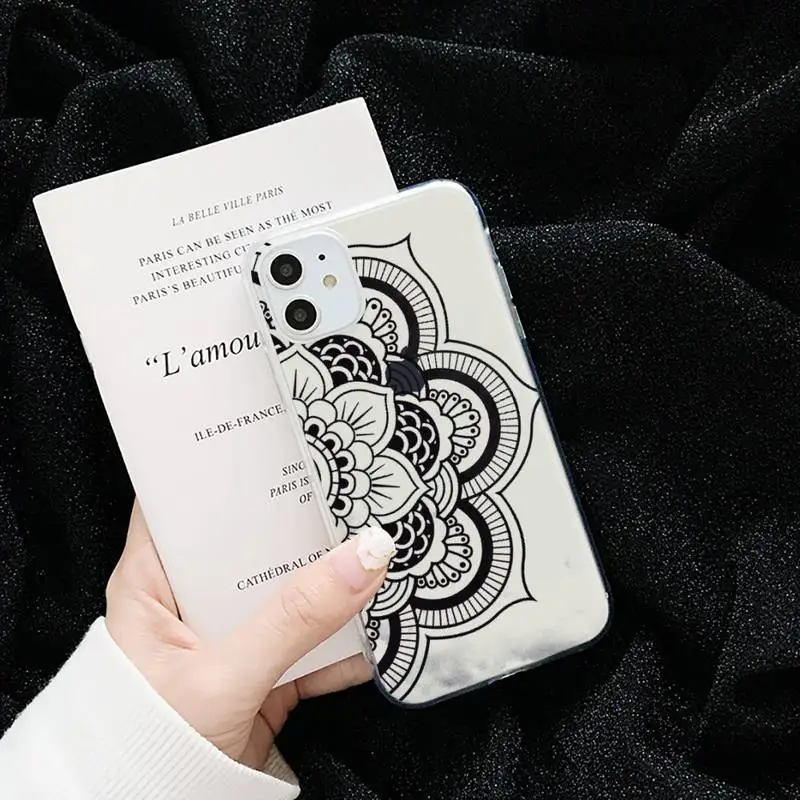 

Mandala Lace Flower Phone Case Transparent for iPhone 6 7 8 11 12 s mini pro X XS XR MAX Plus cover funda shell