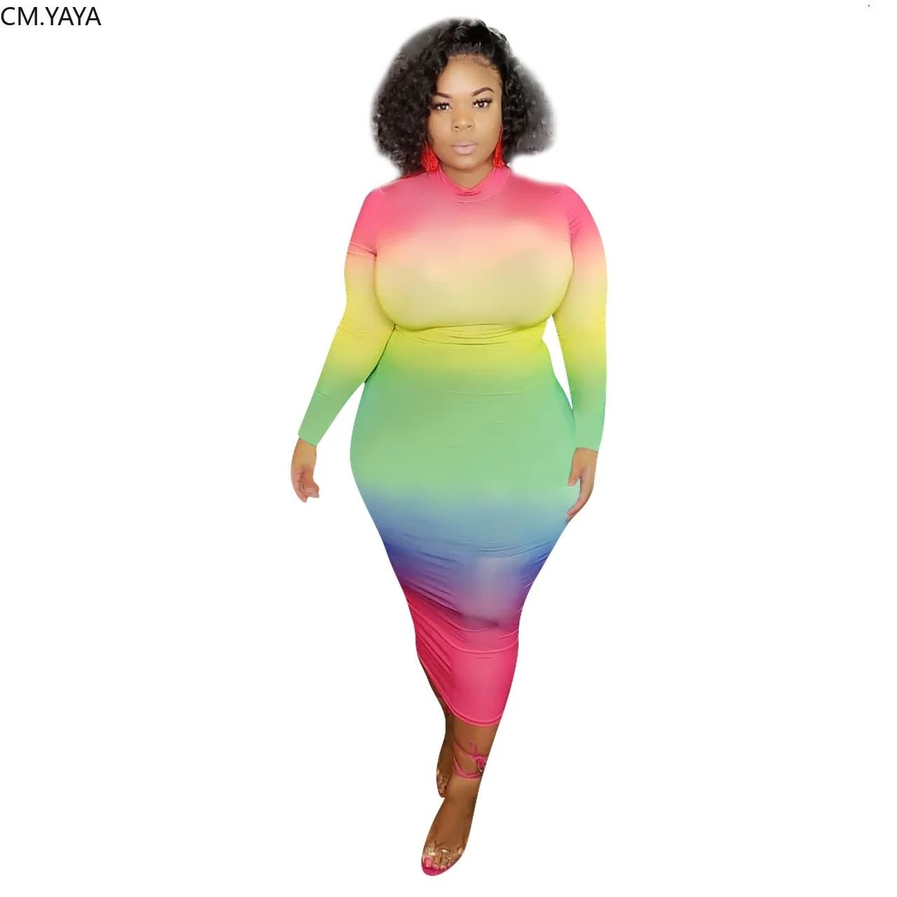 Большие размеры XL 4XL Осень Зима Женское модное Радужное Полосатое платье миди с