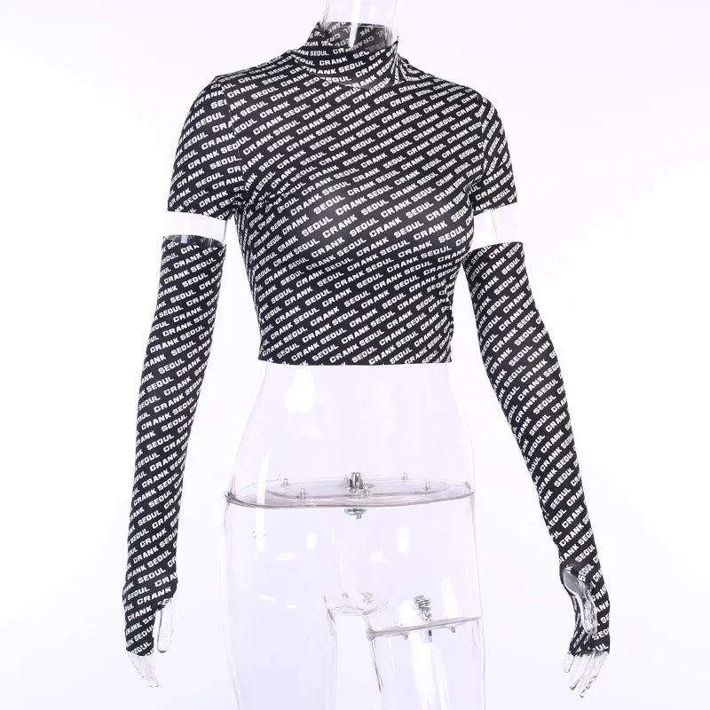 

short sleeve turtleneck t shirt With oversleeve crop tops Fashion Letter pattern streetwear Women's slim fit clothes