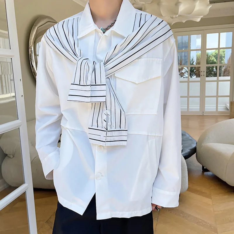 

2021 Autumn New Turn-down Collar Long Sleeve Shirt For Men Single Pocket Loose Casual Japan Style Tops Fake Two Pieces Clothing