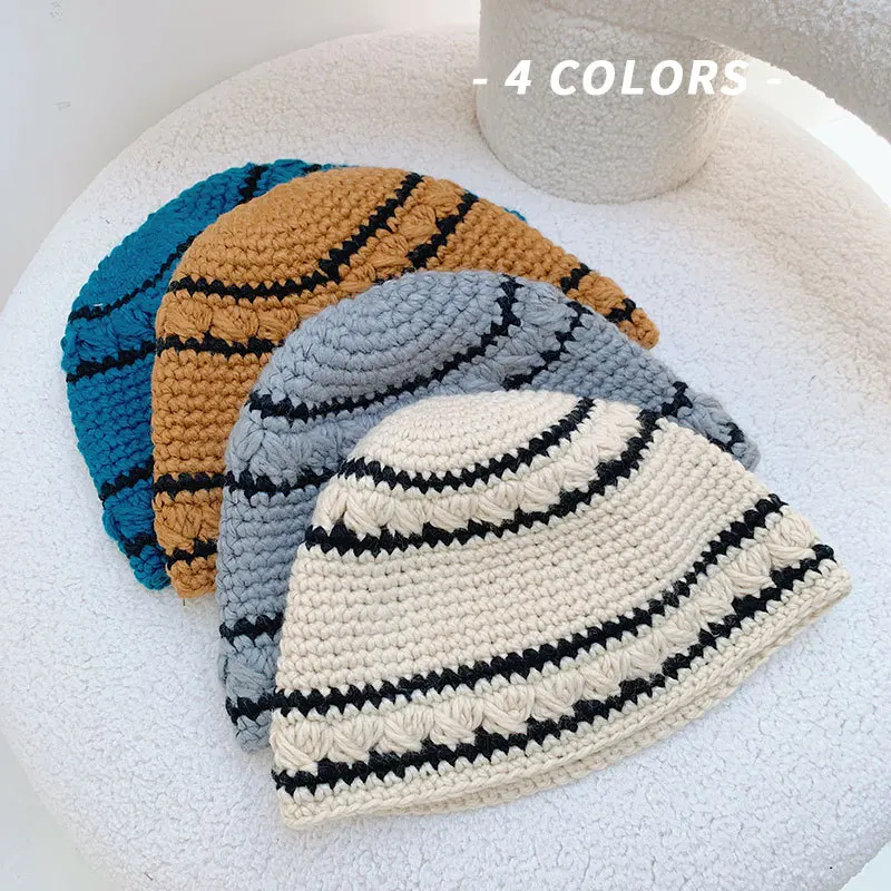 Вязаная шерстяная шляпа в полоску рыбацком стиле для ранней осени и зимы женская