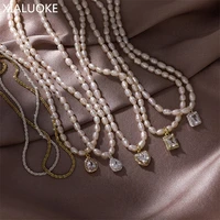 xialuoke fashion geometry rectangle heart pendant necklace for women retro elegant crystal glass freshwater pearls necklaces