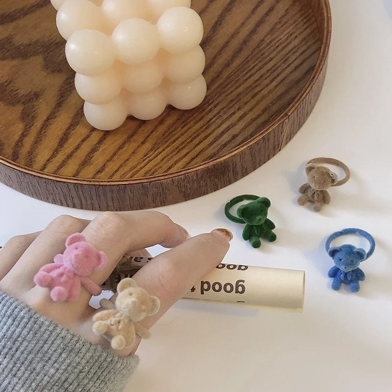 

Meetvii Cute Bowknot Bear Three-dimensional Ring Autumn Winter Girl Flocking Finger Ring Velvet Opening Rings Fashion Jewelry