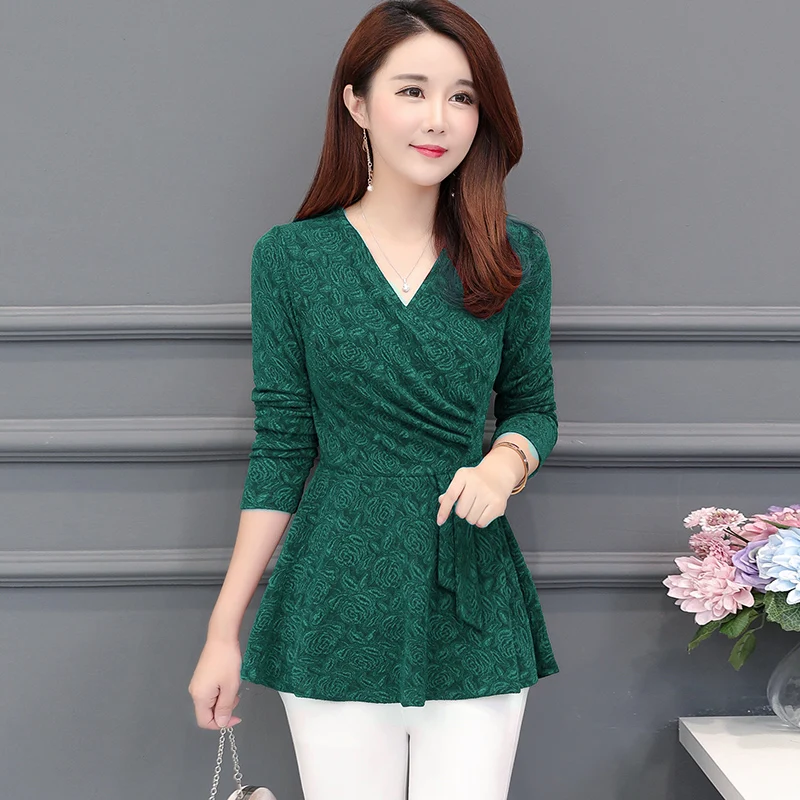 Женская блузка с длинным рукавом Повседневная облегающая V-образным вырезом и