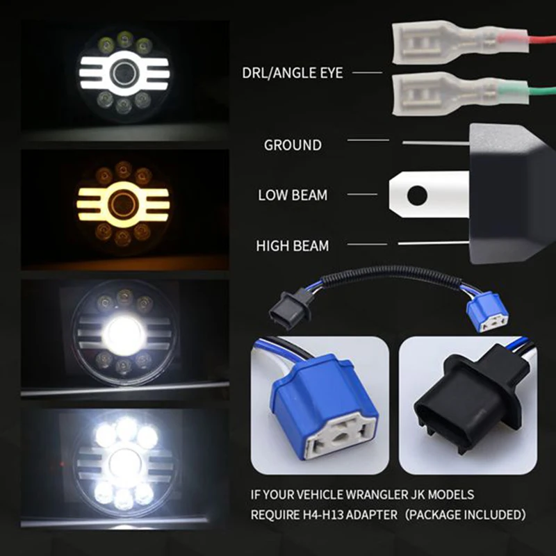 

Car LED Headlight Bulb 7 Inch Round High/Low Beam with DRL Daytime Running Light Turn Signal Lamps for TJ JK CJ Lada