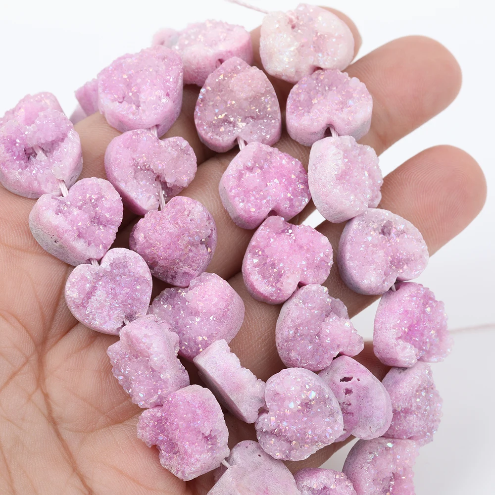 

14PCS/Strand.14mm Pink Titanium Druzy Drusy Heart-Shape Loose Beads,Drilled Drusy Spacer Beads Making Bracelet DIY XFX-164AMFJ