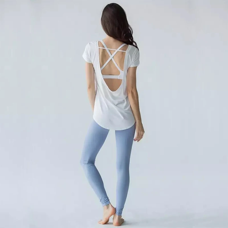 

T-shirt For Fitness Female Backless Modal Yoga Jersey Woman Irregular Jogging Femme Gym Shirt Workout Short Sleeve Loose T-Shirt