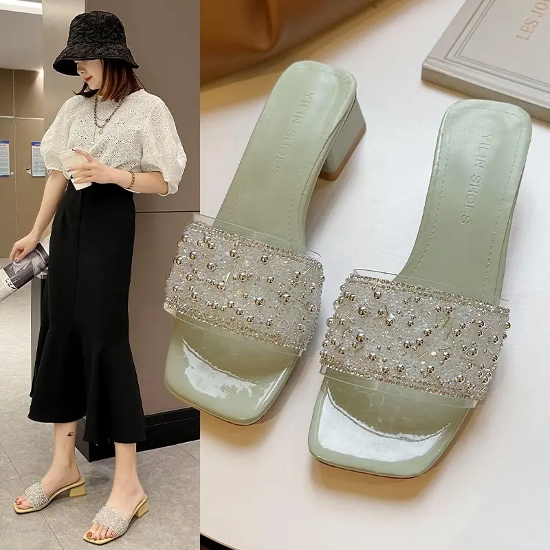 

Summer women sandals slippers Big Size 39Square High Heels Crystals Platform Women Shoes Summer Sandal Mules Slippers Woman