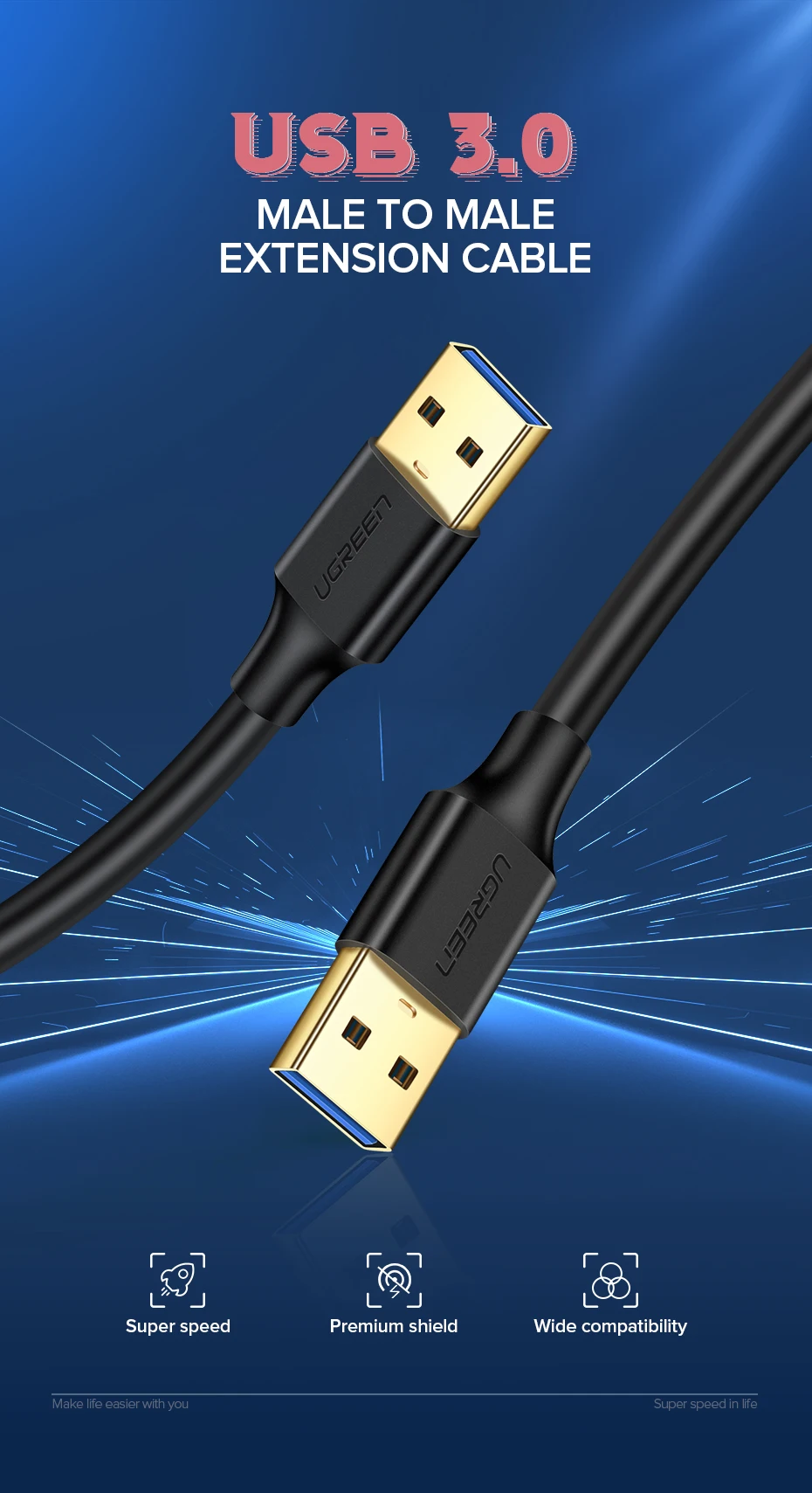 Ugreen USB-USB кабель-удлинитель Тип A папа-папа USB 3,0 2,0 удлинитель для радиатора жесткого диска Webcom USB 3,0 удлинитель кабеля