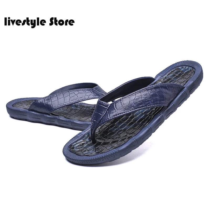 

2021 Brand Slippers Men Shoes Leather Summer Flip Flops Men Breathable Crocodile Casual Slipper For Men Beach Sandals