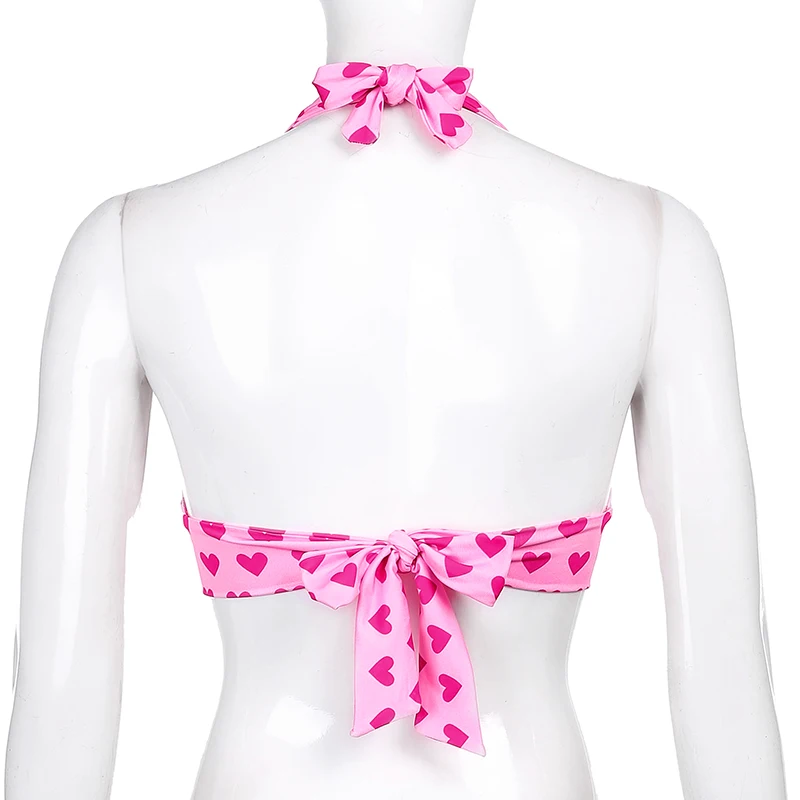 

Sweetown Pink Heart Print Cute Bustier Crop Top Women Y2K Aesthetic Kawaii Clothes Sleeveless Backless Lace Up Bralette Camisole