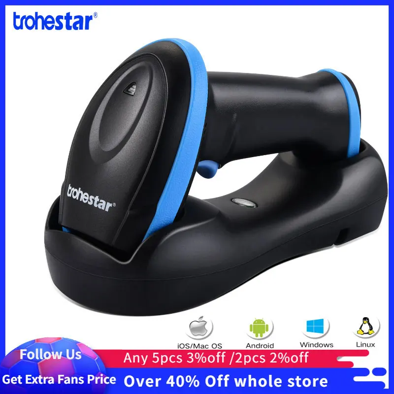 

Trohestar Barcode Scanner USB Wireless 2.4GHz 1D/2D Code Readere Handheld 1D Bar Code Reader Scanner for Windows Mac Android iOS
