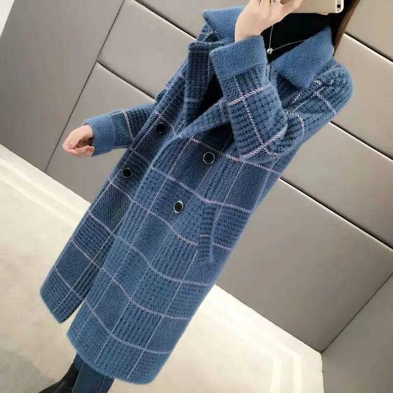 

Imitation Mink Velvet Women Long Jacket 2023 New Spring Autumn Cardigan Overcoat Korean Loose Female Thick Lattice Outcoat W10