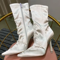 european 2021 new high heel stiletto mid calf satin stretch square toe white ankle female spring and autumn women boots