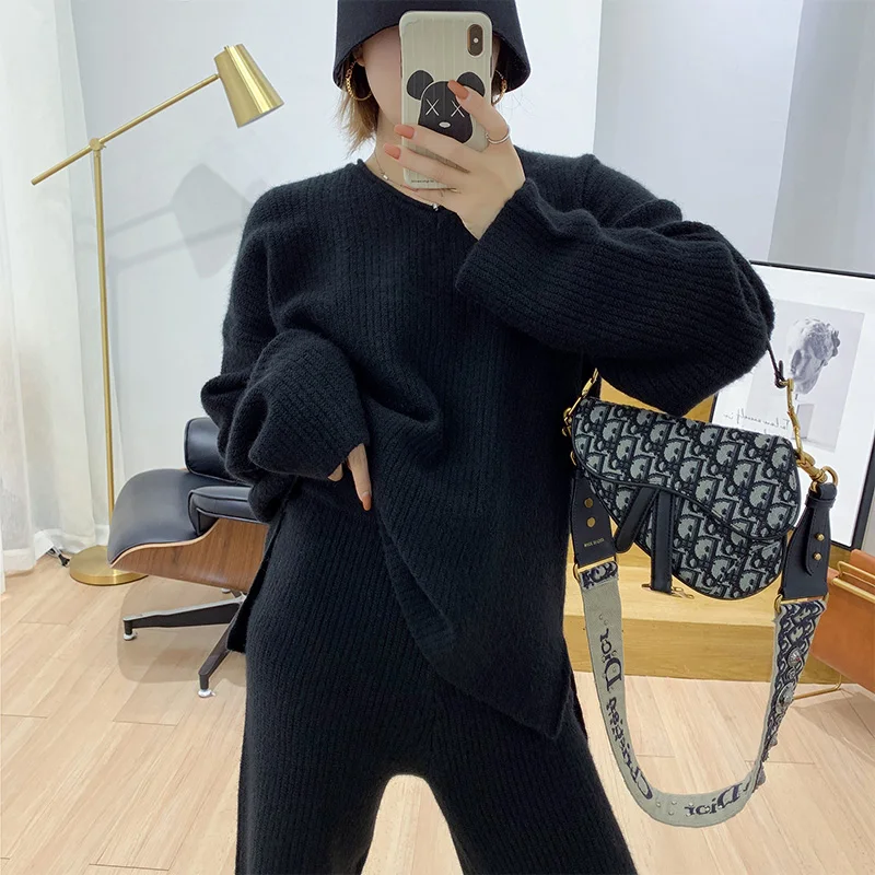 Women's new fashion suit solid color V-neck sweater with high waist knit wide leg pants two piece set top and pants