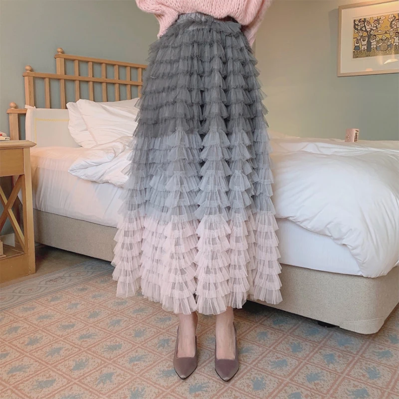 

Sweet A-Line Cake Skirts Women Elastic High Waist Contrast Mesh Patchwork Vintage Korean Pleated Mujer Folds Pink Sweater H900