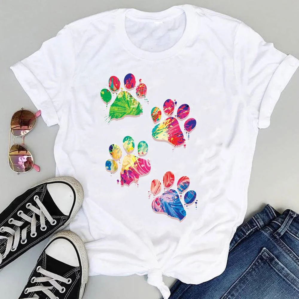 

Watercolor Paw Pet Dog Cute Women T-Shirt Cartoon Fashion Print Graphic Tshirt Summer Short Sleeve Female Clothes Drop Shipping