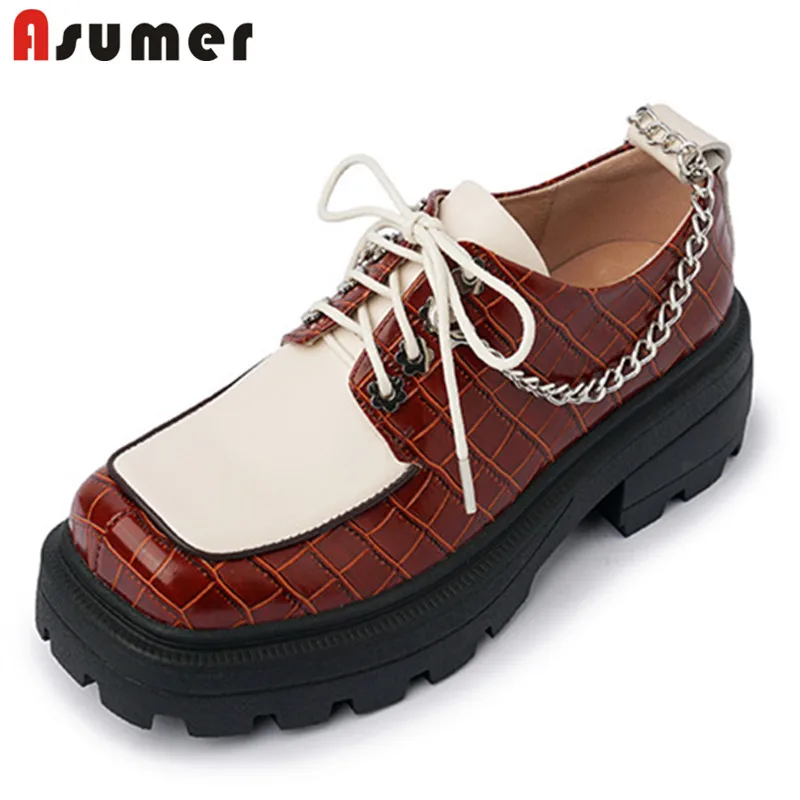 

Asumer 2021 New Arrive Casual Punk Shoes Women Pumps Mixed Colors Genuine Leather Shoes Square Toe Chain Platform Shoes Women