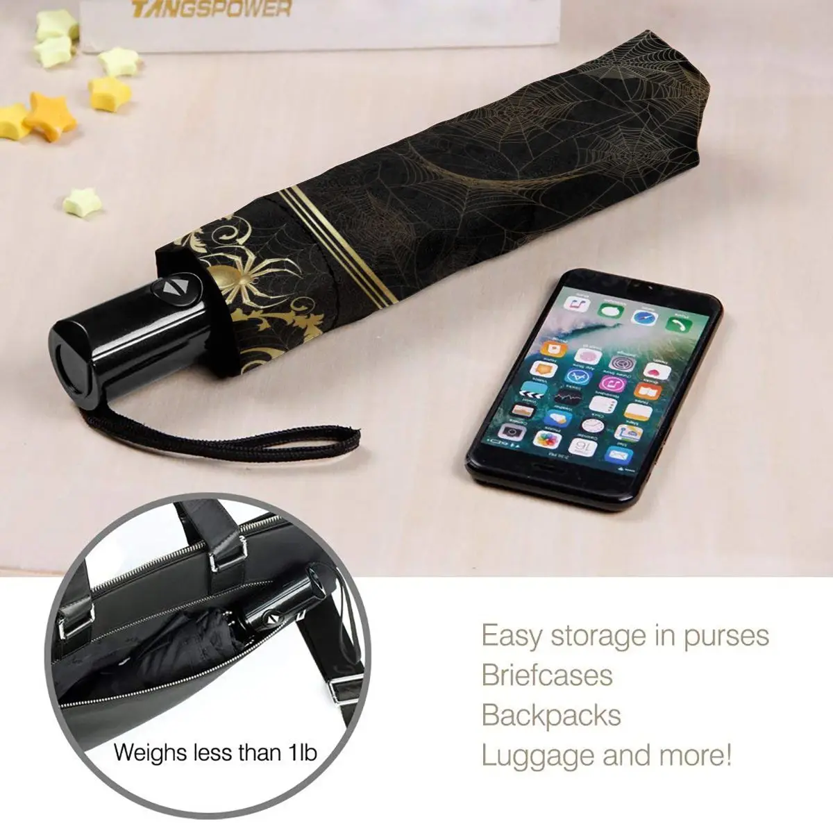 

Wind Resistant Fully-Automatic Umbrella Gold Spider And Net Rain 3 Folding Parasol Travel Car Umbrella