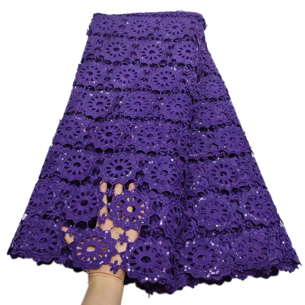 

Фиолетовая французская вышивка, кружевная ткань из гипюра, Высококачественная африканская Водорастворимая кружевная ткань с блестками для свадебной вечеринки
