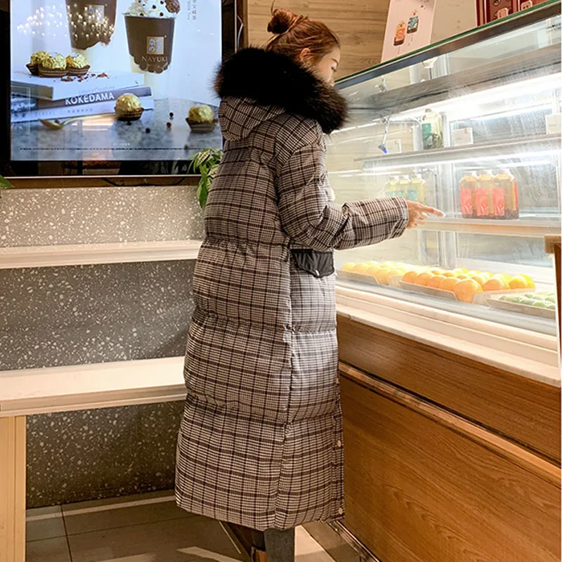 

2021 Korean Winter Coat Plaid jacket Women Long Hooded Fluffy Parka Style Fashion Thick Warm Fur Collar Puffer Jacket Female