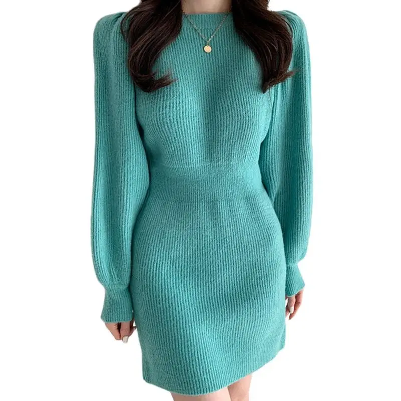 

Women Clothing Sweet Style Mini Dress O Neck Lantern Sleeve Sheath Vintage Female Casual Summer Chic Solid Dresses QA177