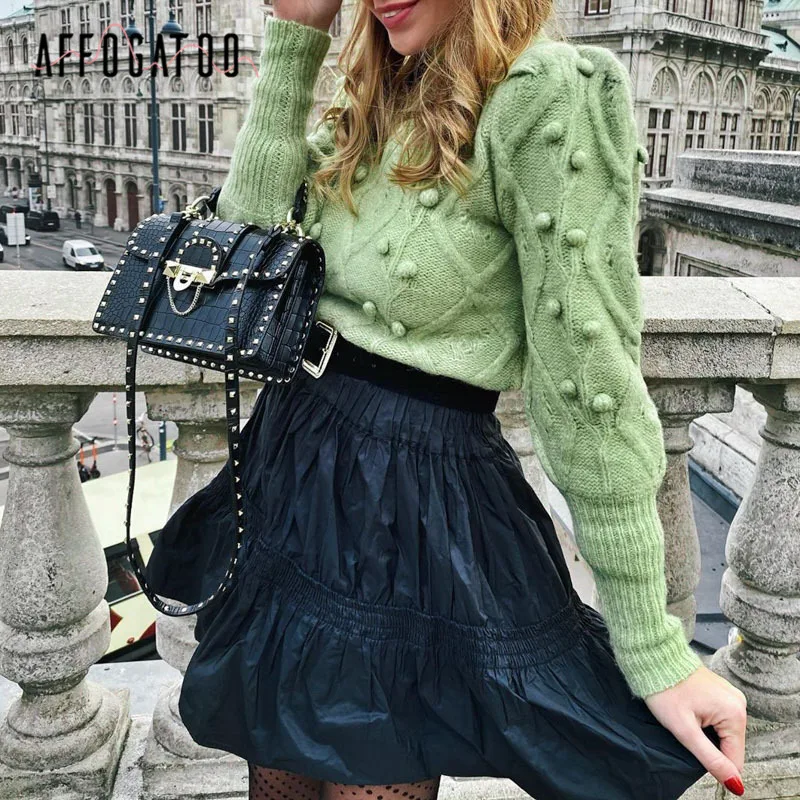 Affogatoo Casual turtleneck hairball women sweater Autumn winter lantern sleeve knitted female Streetwear lady pullover | Женская одежда