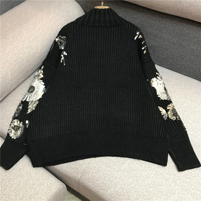 Черный свитер женский 2019 осень и зима бисер цветок украшение расшитые блестками