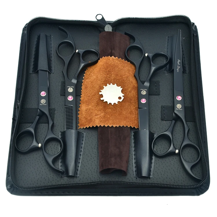 

7" Dog Hair Trimmer Black Stainless Steel Pet Grooming Scissors Set Puppy Straight&Curved Cutting Tesoura Thinning Shear B0032B