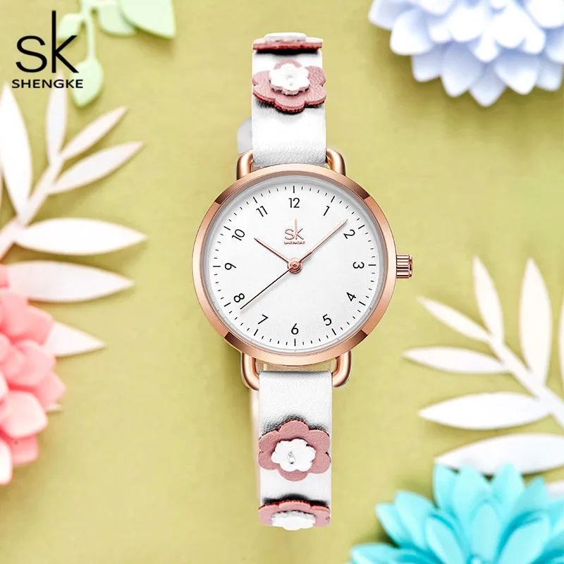 Shengke Women Watches Creative Flowers Leather Quartz Clock With Florals 3 ATM Waterproof Female Wristwatches Montre Femme