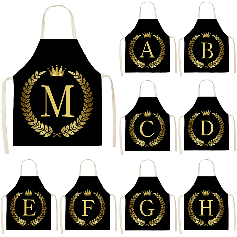 

Black Golden Crown Letter Alphabet Print Kitchen Apron for Woman Man Cotton Linen Aprons For Cooking Home Cleaning Tools 53*65cm