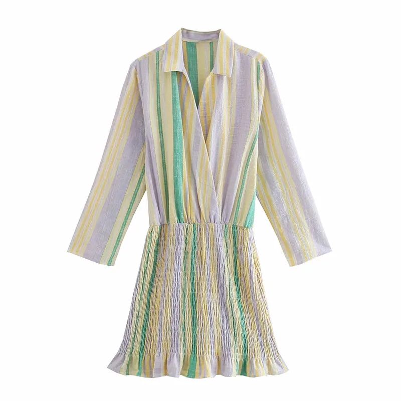 

Merodi Women Casual Cross V-Neck Striped Print Mini Dresses Summer Chic Ladies Long Sleeve High Waist Under Elastic Dress