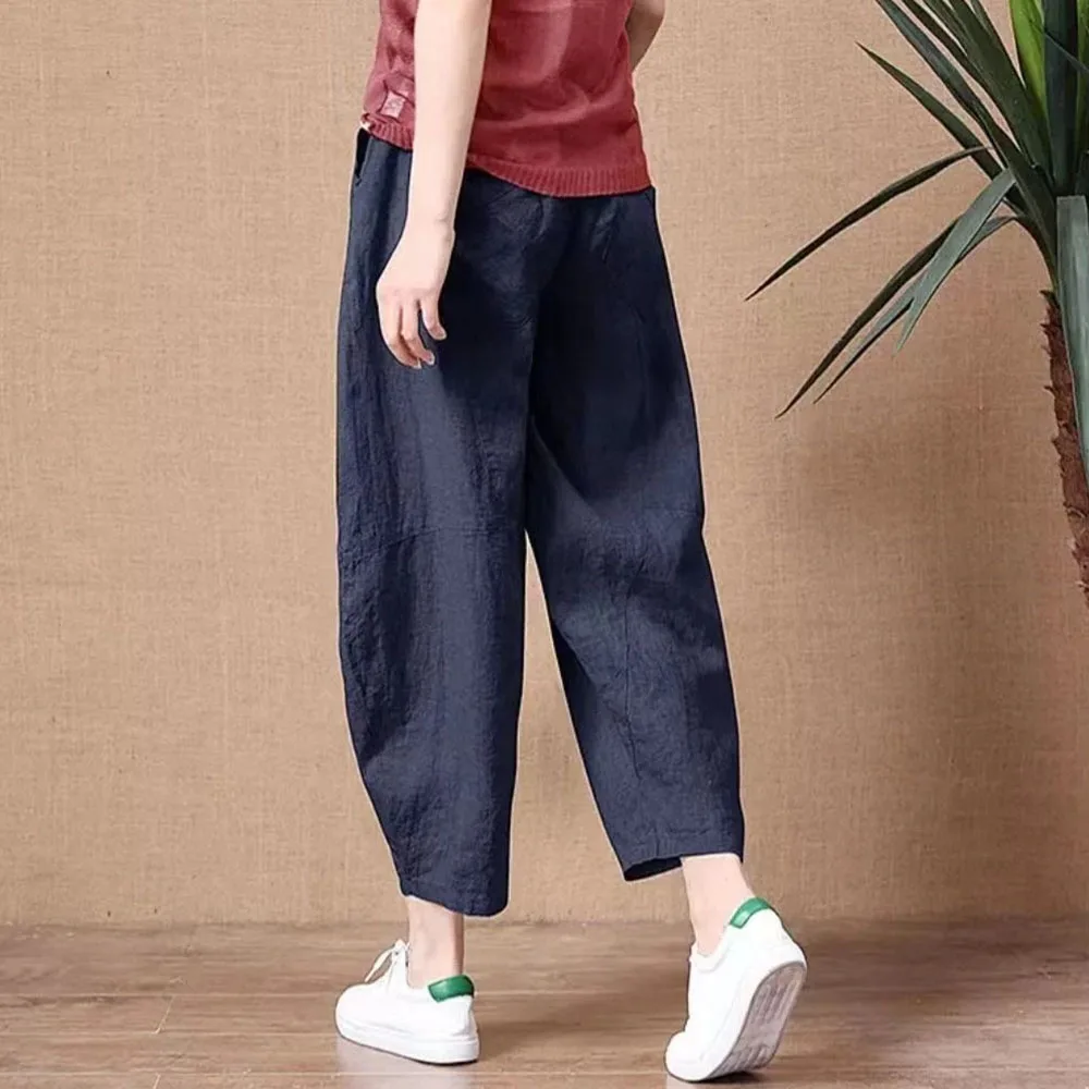 

Casual Pants 2021 Cotton Women's Pants Loose Thin Section Anti-cotton Linen Elastic Waist Wide Leg Pants Retro Art All-mat