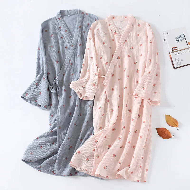 

Japanese Kimono Robes for Women Cotton Gauze Bathrobe Summer Thin Sleepwear Long Sleeve V-neck Nightgown Plus Size Dressing Gown