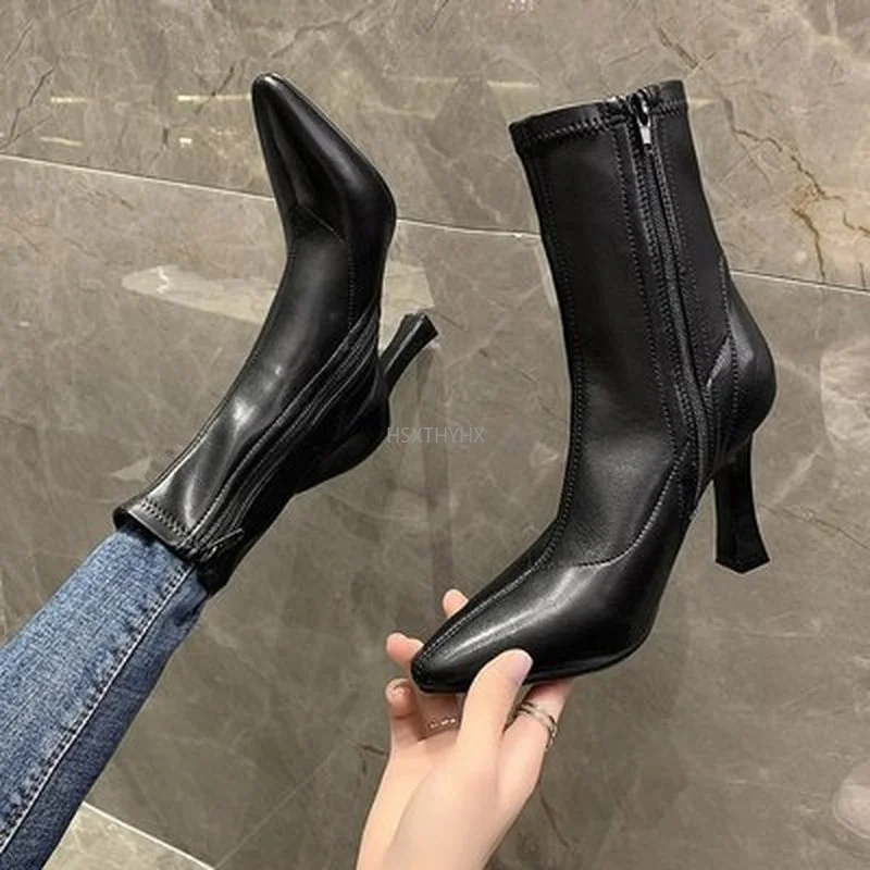 

2021 Fashion Women Chelsea Boots Pointed Toe Solid Color Back Zipper Short Ankle Boots Thin High HeelsBoots Woman Autumn Boot