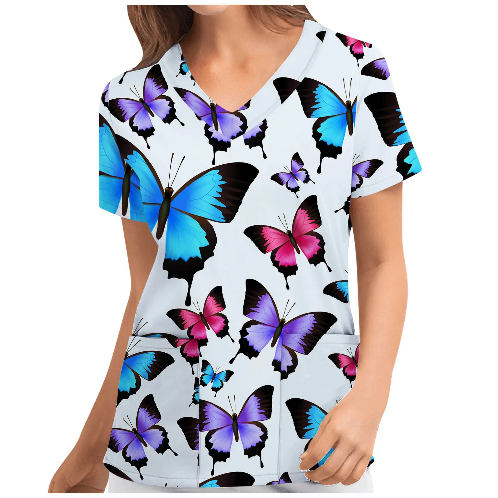 

Soft Colorful Butterfly Print Tops Women Short Sleeve V-neck Nursing Working Uniform T-shirts crop top T-shirts For Women Mujer