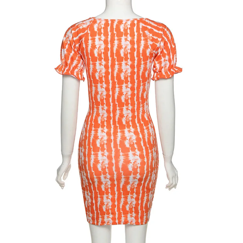 Forefair Autumn Sexy Printed Women Mini Dress Short Puff Sleeve Streetwear Orange Pullover V Neck Stylish Party Pencil | Женская одежда