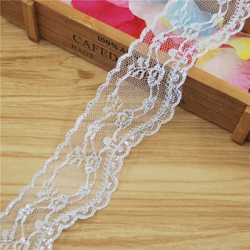 Tela de encaje de poli&eacute;ster, accesorios de costura, cinta de decoraci&oacute;n para vestido de novia, suministros de artesan&iacute;a, oro y plata, 50mm, 50 yardas, L213-3