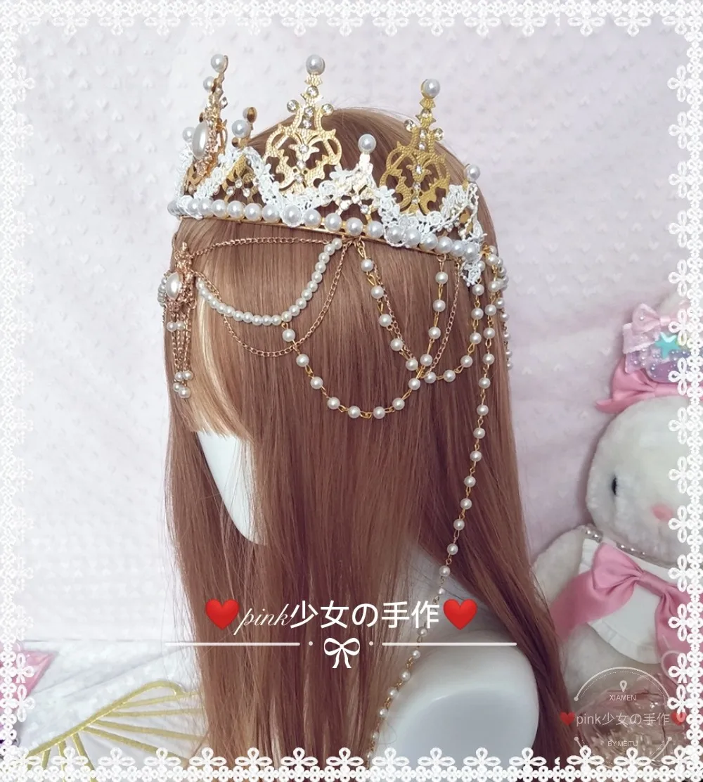 Женский кружевной головной убор в стиле лолита винтажный с коронами и бусинами