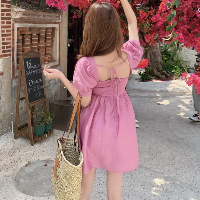 

Korean Ins Pink Girl Cute Youth-Looking French Style Retro Square Collar Lantern Sleeve Waist Slimming A- line Dress for Women