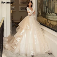 a line wedding dress 2021 princess long sleeve bridal gown v neck long train appliques lace tiered bride dresses 2021 plus size