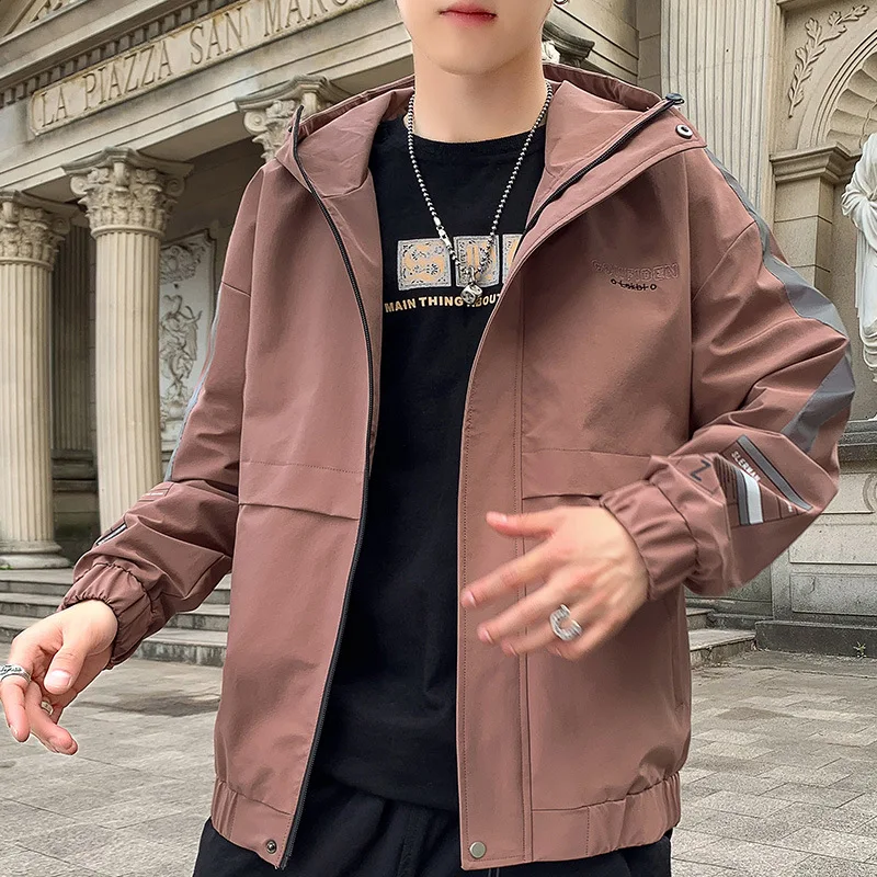 Мужская Осенняя Рабочая куртка со стоячим воротником и капюшоном Уличная Черная