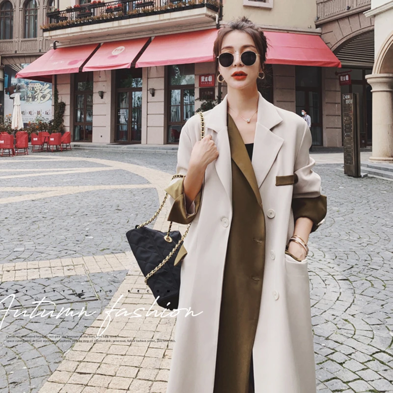 Женская бежевая куртка-ветровка средней длины весна-осень Новинка контрастные