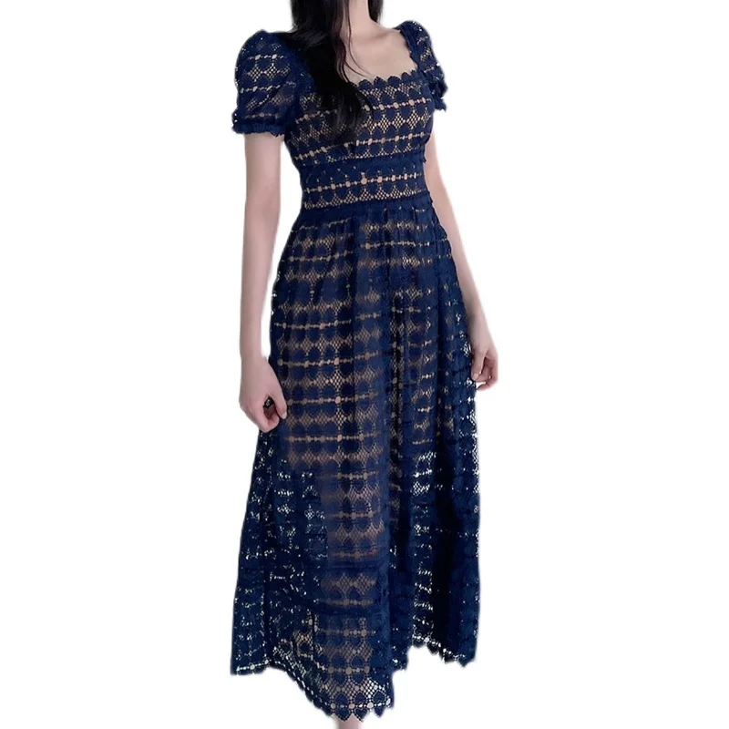

New Summer Dress Lace Hollow Out Long Dress Women High Waist Square Collar Short Sleeve Female Temperament Party Dress Vestidos