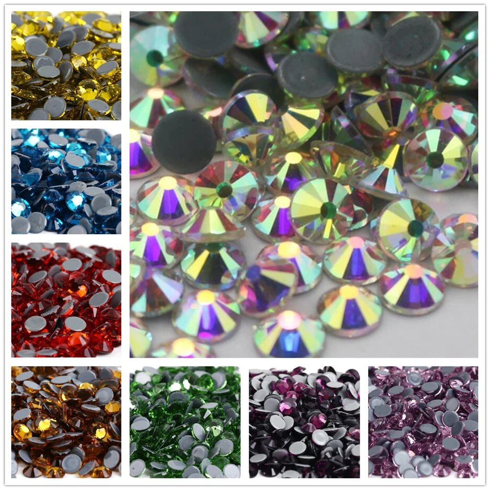 

All Sizes Color Crystal AB Glass Glitter Iron On Strass Flat Back Hotfix Rhinestones For Nail Art Sewing & Fabric Decoration