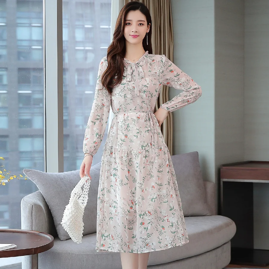 2019 шифоновое Цветочное платье с длинным рукавом Осеннее Новое Женское тонкое