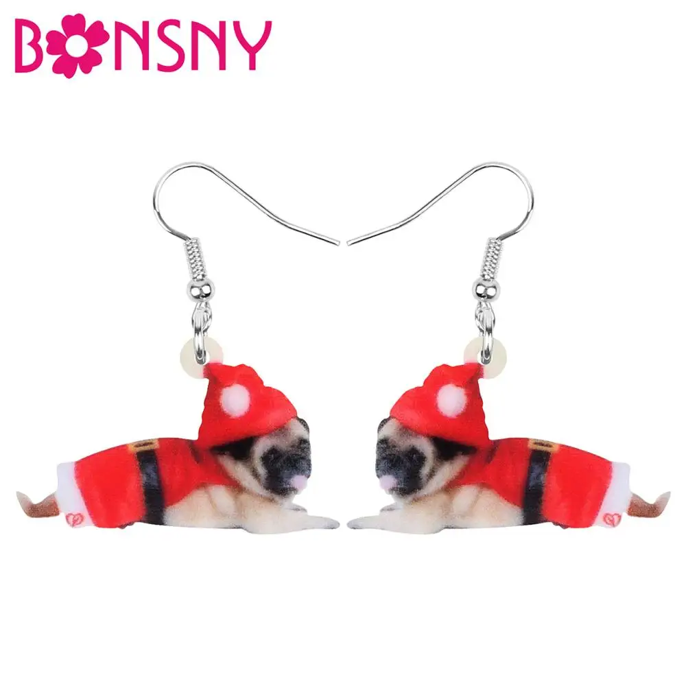 

Bonsny Acrylic Christmas Hat Costume Uniform Pug Dog Earrings Drop Dangle Animal Jewelry For Women Girl Teen Kid Decoration Gift