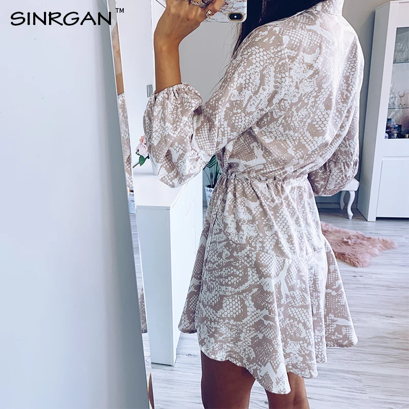SINRGAN/женское платье со змеиным принтом, весна, повседневное ТРАПЕЦИЕВИДНОЕ ПЛАТЬЕ С животным принтом, платья для вечеринок, мини-платье с длинным рукавом