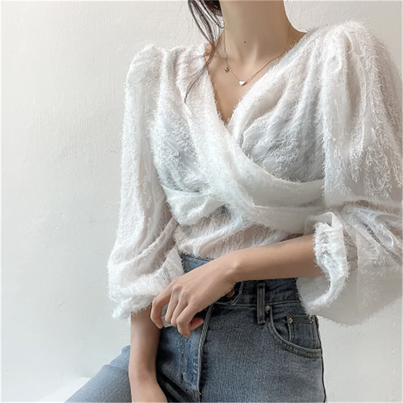 

ZAWAHIKI V-Neck Solid Kink Design Women Tops Loose Tassel Lace Long-Puff-Sleeve Blouse Women Sexy Korean Fashion Blusas Mujer